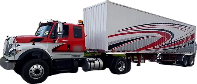 Tractomula International blanca y roja con contenedor